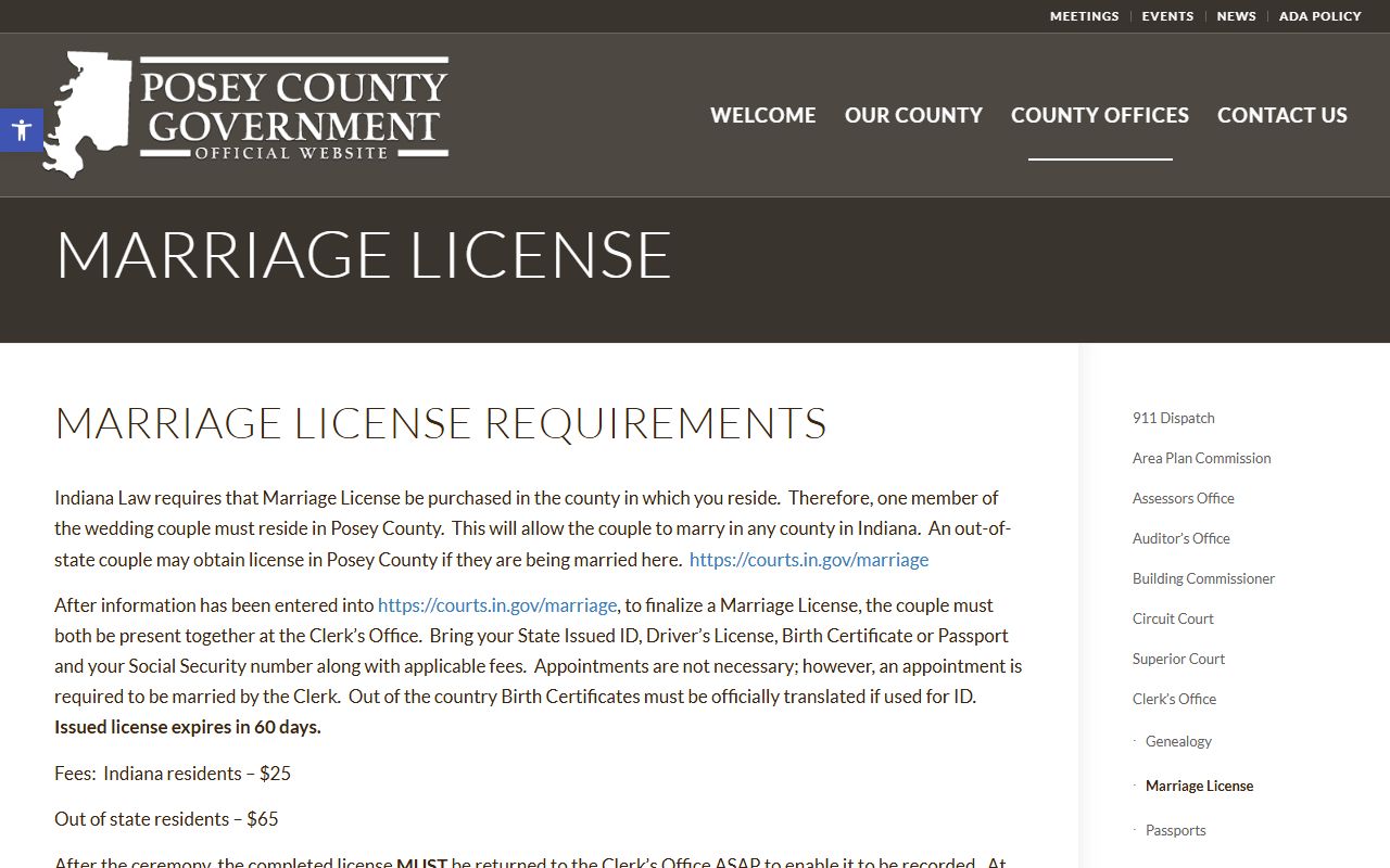 Posey County marriage records license instructions