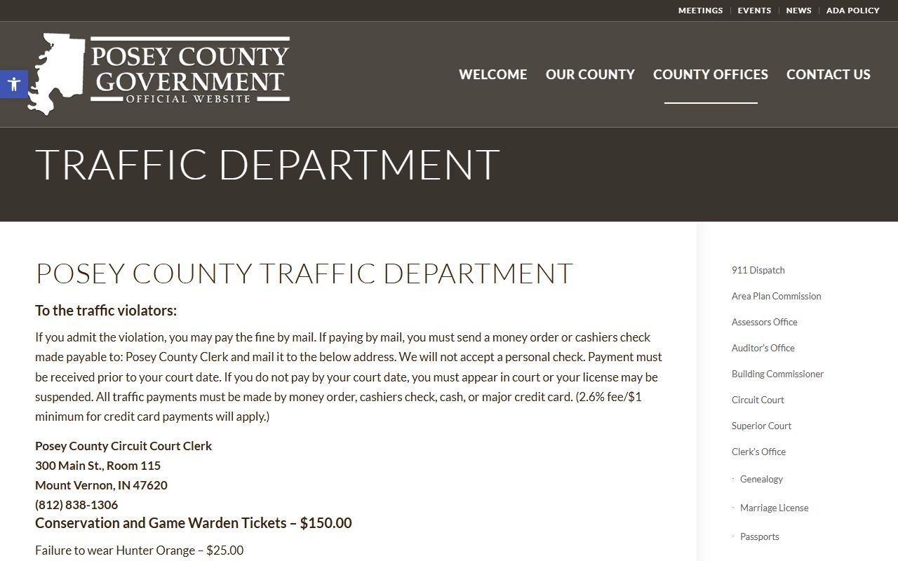Posey County traffic court records Traffic Department